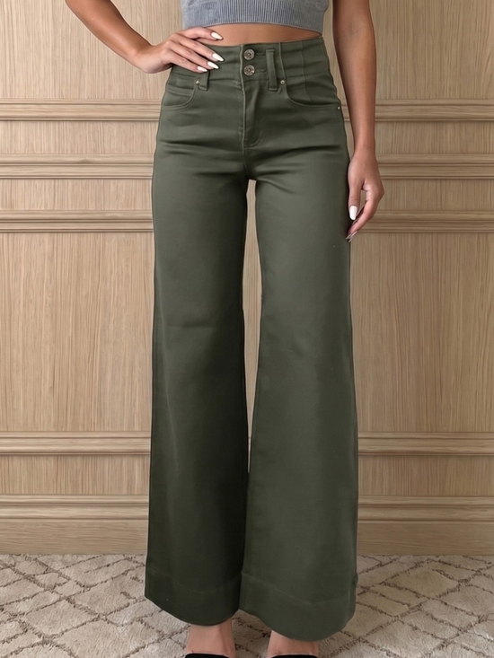 Denim - High-Waisted Wide Leg Jeans - Olive Green